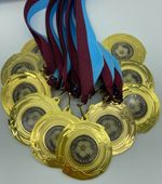 10 x Man of the Match Medals Claret & Light Blue Ribbons Gold Football Medal