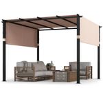 10x10 ft Flat Top Metal Pergola with Retractable Canopy Beige Outdoor Gazebo