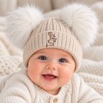 Peter Rabbit Beige White Pom Pom Baby Boy Girl Unisex Hat Newborn 0-3 Months