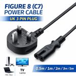 UK Figure 8 Power Cable C7 Lead 2 Pin TV PS5 PS4 Xbox Laptop Mains 0.5m–5m