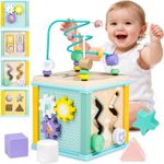 Wooden Activity Cube Toy 5 in 1 Bead Maze Shape Sorter Montessori Educational