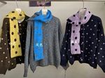 Women’s Grey Polka Dot Knit Button Cardigan Jumper Round Neck Scarf One Size