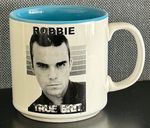 ROBBIE WILLIAMS BLUE & WHITE ceramic MUG 1990s Strange Bubbles