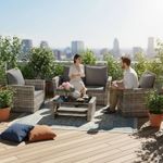 Rattan Furniture Set 4PCS Table Patio Garden Armchair Sofa Glass Coffee Grey