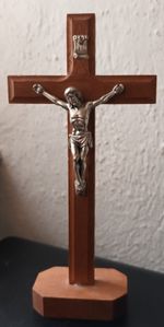 Vintage Wooden Standing Crucifix Cross Silver Tone Jesus Christ INRI 6.5"