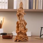 Hand Carved Buddhist Guan Yin Figurine Natural Cypress Wood Guanyin Statue 21cm