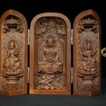 Vintage Japanese Netsuke Old Boxwood Carved Three Open Buddha Box Statue #5