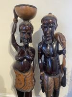 Pair Of African Hand Carved Wooden Tribal Statues Highly Polished