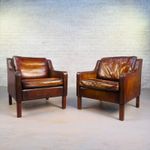 Pair of Tan Leather Børge Mogensen Style Danish Armchairs – Hand Dyed Patina