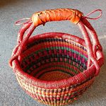 Hand woven African Round Multi Coloured Basket with Leather Handle 27x25x22cm