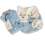 PERSONALISED tractor sleepsuit babygrow baby boy hat bib & mittens set