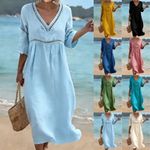 UK Women's V Neck Linen Cotton Dress Summer Beach Loose Kaftan Dresses Size 6-20