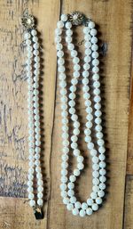 Vintage Faux Pearl Necklace & Bracelet Set Double Strand 26” Floral Clasp