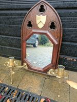 Church Oak Mirror with Heavy Church Brass Sconces. Ready to hang. £185