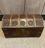 Vintage Rustic Indian Carved Wood/Brass Storage Box - Velour/Cord Lined