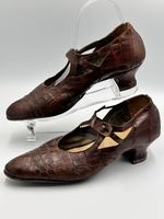 ANTIQUE SHOES EDWARDIAN-1920s BROWN CROCODILE ORIGINAL VINTAGE MARY JANES UK6