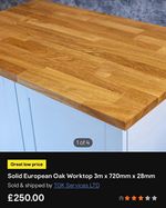 Solid European Oak Worktop Brown Oak Finish 3m x 720mm x 28mm
