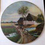 Antique Round Reverse Glass Painting • Unframed Landscape • 30 cms Diameter
