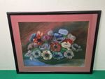 Large Framed Still Life Flowers Pastel Drawing Signed by Artist WCB