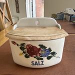 Vintage Englehof Austria Porcelain Hanging Salt Cellar Box Wood Lid Floral SALZ