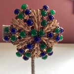 Vintage Austrian MATCHING Brooch Earrings Set Blue Green Cabochon Gold Tone