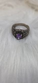 Vintage 925 Sterling Silver Amethyst Marcasite Art Deco Ring Size 8