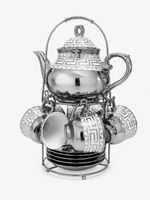 Greek Key Tea Set with Teapot, 6 Cups & Saucers – Gold & Silver Decorative Set