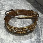 Gold Tone & Brown Metal Bangle Bracelet Set, Round Shape, stone in metal one