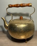 Vintage Brass Footed Teapot w/ Wood Handle hand-etched floral and leaf patterns