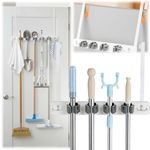 Broom Holder Door Mount, Over the Door Broom and Mop Holder w/4 Slots & 4 Hooks