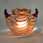 Imperial Free Hand Rose Bowl Aubergine Feather Gold Crackle 5in 7in USA EUC