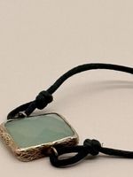 Blue Chalcedony Gemstone Bracelet, Gold Tone Bezel, Adjustable Cord, Minimali...