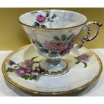 Enesco November Chrysanthemum Teacup & Saucer Vintage Japan Lusterware Footed