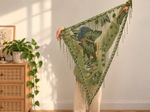 Green Butterfly Sheer Triangle Shawl Scarf with Tassels Floral Boho Wrap