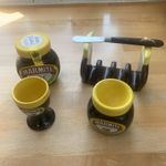 Marmite Ceramic collectibles, 4 Slice Retro Toast Rack, spreader, 2 egg cups+Jar