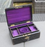 Antique Leather Wooden Travel Jewellery Box Fitted Purple Interior Victorian