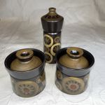 2 x Denby Arabesque Sugar Bowls / Preserve Pots with lids and Pepper Pot 