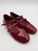 M&S Womens Patent Faux Leather Double T Bar Strap Flat Shoes Red NEW