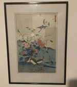 Antique Original Japanese Woodblock Print Wild Geese 1882 Shiba RINSAI, Framed