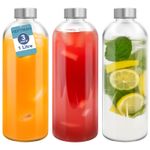 HEFTMAN Clear Glass Bottles Lids Water Juices Airtight Leakproof 1 Litre 3 Pack