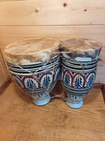 Vintage Moroccan Handmade & Painted Terracotta Bongo Drums With Goat Hide