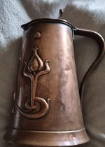 Antique 1904.S. & S Copper Lidded Art nouveau jug, Hammered Lid & Floral Relief