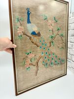 Vintage Framed Peacock Needlepoint Silk Embroidery Asian Wall Large Art Panel