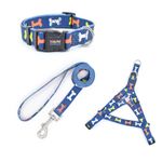 Pet Dog Harness Collar Lead - Adjustable Blue Bones Design Patterned Pet Dog Cat