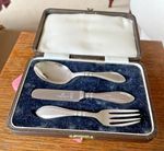 HM SILVER CHRISTENING SET BARKER BROTHERS, BOXED
