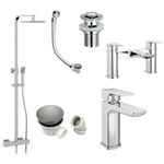 Chrome Mura Complete Tap Pack inc Square Chrome Thermostatic Shower & ALL Wastes