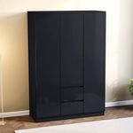 Black High Gloss 3 Door Wardrobe 2 Drawers Shelves Hanging Rail 170cm