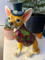Ceramic Chihuahua Dog Ornament Figurine with Top Hat and Shamrock Jacket