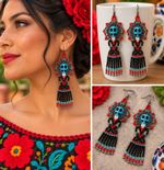 Blue Catrina Day of the Dead Earrings 3" Delica Beaded Dangly Sugar Skull