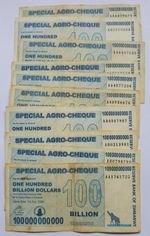 40 X 100 billion special agro cheque Zimbabwe dollar notes. used.